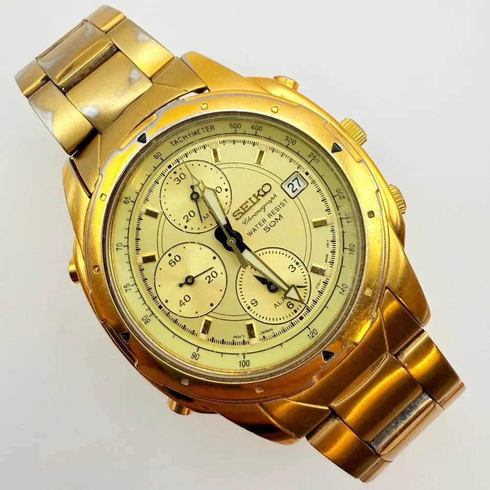 Vtg 1990's Seiko Chronograph Watch 7T32-6M59 Gold Tone New Battery Works